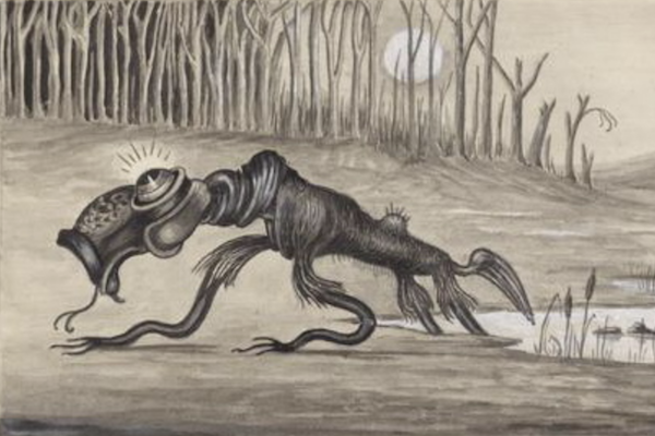 Black and white illustration of a "bunyip", a creature described in Australian folklore