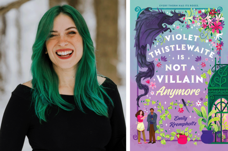 author Emily Krempholtz and the cover of her upcoming book, Violet Thistlewaite Is Not a Villain Anymore