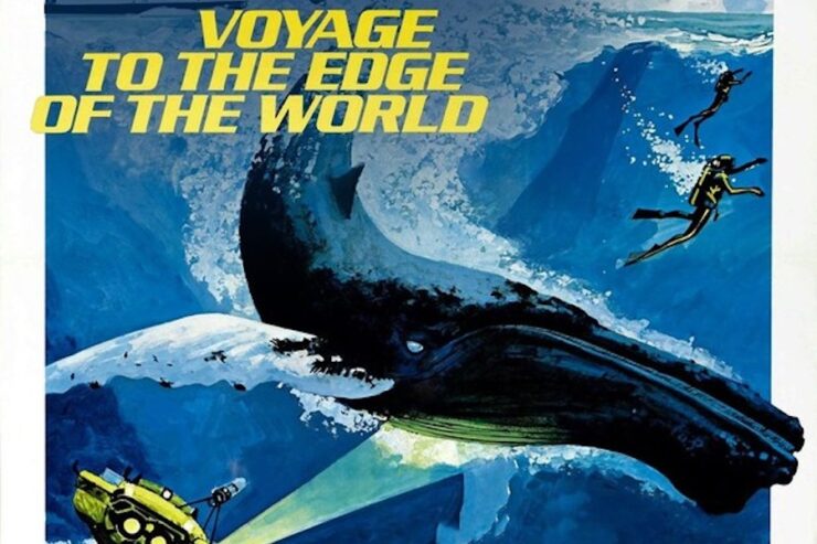 Detail from poster art for Jacques Cousteau's Voyage to the Edge of the World, depicting two divers and a submersible under water with a humpback whale