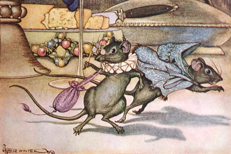 Illustration of two mice on a table with cheese and fruit