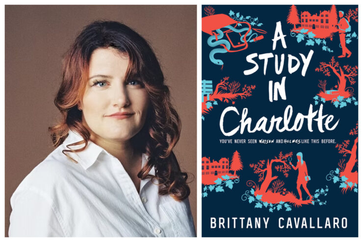 Headshot of Brittany Cavallaro next to cover of A Study in Charlotte