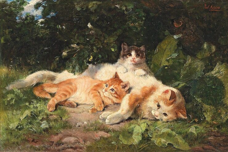 Painting of a white and orange cat laying in the grass with two kittens, one orange tabby and one tuxedo.